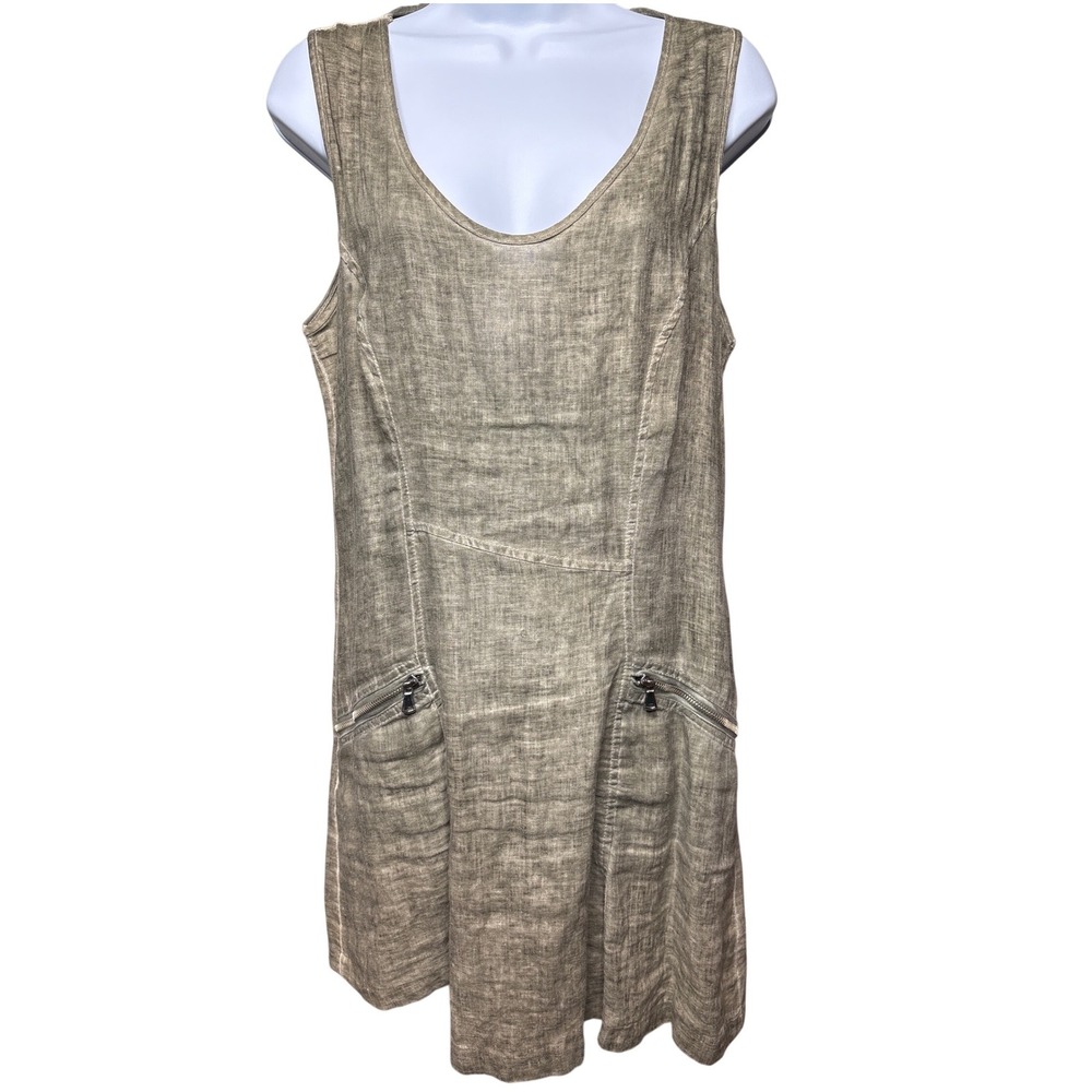 INIZIO Taupe Linen Shift Dress w/ Pockets Sz M Italian Lagenlook Quiet Luxury